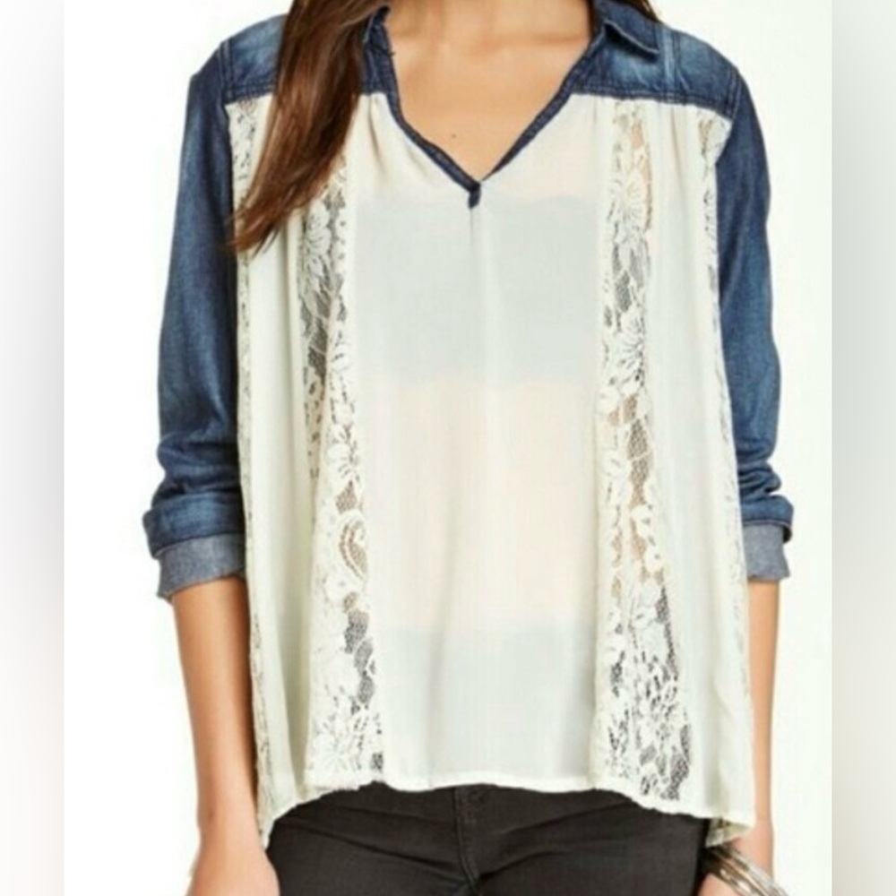 Free People Lace paneled distressed Denim Flowy Long Sleeve Top Size Medium